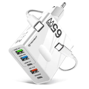 Techsuit - Премиум стенно зарядно PentaXPower (CHC1) - Включен кабел Type-C, 3x USB, 2x Type-C PD 25W, 65W, GaN, 1m - Бял