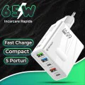 Techsuit - Премиум стенно зарядно PentaXPower (CHC1) - Включен кабел Type-C, 3x USB, 2x Type-C PD 25W, 65W, GaN, 1m - Черен