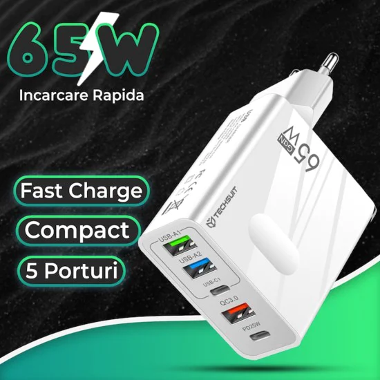 Techsuit - Премиум стенно зарядно PentaXPower (CHC1) - Включен кабел Type-C, 3x USB, 2x Type-C PD 25W, 65W, GaN, 1m - Черен