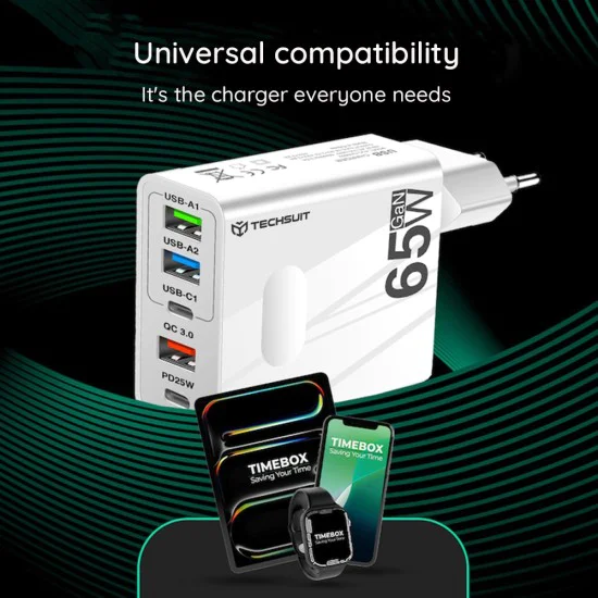 Techsuit - Премиум стенно зарядно PentaXPower (CHC1) - Включен кабел Type-C, 3x USB, 2x Type-C PD 25W, 65W, GaN, 1m - Черен