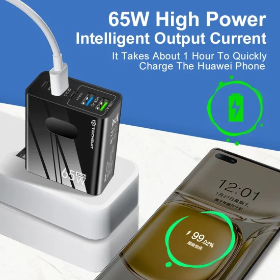 Techsuit - Премиум стенно зарядно PentaXPower (CHC1) - Включен кабел Type-C, 3x USB, 2x Type-C PD 25W, 65W, GaN, 1m - Черен