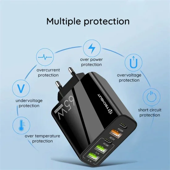 Techsuit - Премиум стенно зарядно PentaXPower (CHC2) - Включен кабел Type-C, 3x USB QC 3.0, 2x Type-C PD 20W, 65W, 1m - Бял