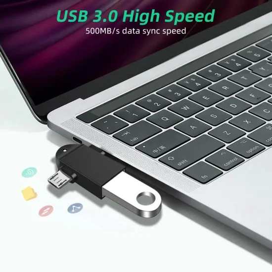 Techsuit - OTG адаптер TwoVoltX (A16) - 3в1, USB към Micro-USB + Type-C, Plug and Play, алуминиева сплав - черен
