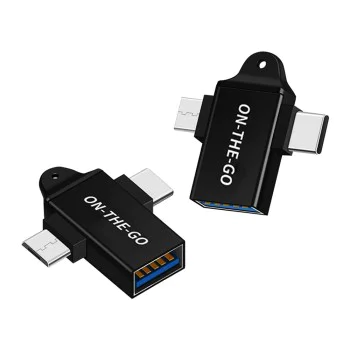 Techsuit - OTG адаптер AluCoreX (A15) - 3в1, USB към Micro-USB + Type-C, Plug and Play, алуминиева сплав - черен