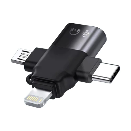 Techsuit - Премиум OTG адаптер SoundVoltX (A17) - 4в1, USB към Micro-USB + Type-C + Lightning, Plug and Play - Черен