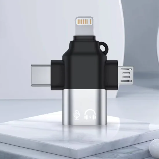 Techsuit - Премиум OTG адаптер SoundVoltX (A17) - 4в1, USB към Micro-USB + Type-C + Lightning, Plug and Play - Черен