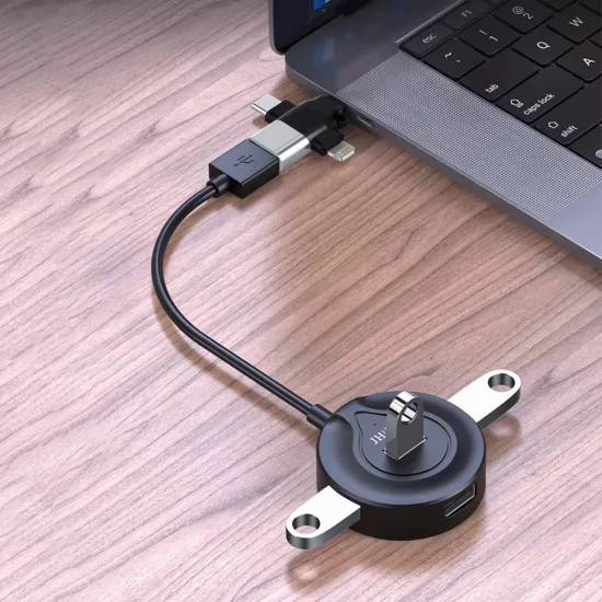 Techsuit - Премиум OTG адаптер SoundVoltX (A17) - 4в1, USB към Micro-USB + Type-C + Lightning, Plug and Play - Черен
