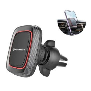 Techsuit - Стойка за кола MagGrip (S4) - Сигурна магнитна дръжка за вентилационен отвор, въртене на 360°, с метални пластини - черно/червено
