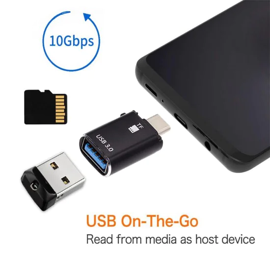 Techsuit - Четец за карти AluVoltX (CC1) - 2в1, USB3.0 към Type-C OTG, TF карта памет, 3A, Plug&Play, бърз трансфер на данни - черен