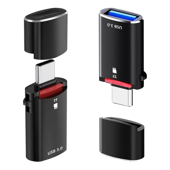 Techsuit - Четец за карти AluVoltX (CC1) - 2в1, USB3.0 към Type-C OTG, TF карта памет, 3A, Plug&Play, бърз трансфер на данни - черен