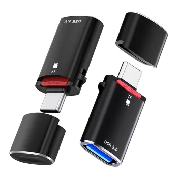 Techsuit - Четец за карти AluVoltX (CC1) - 2в1, USB3.0 към Type-C OTG, TF карта памет, 3A, Plug&Play, бърз трансфер на данни - черен