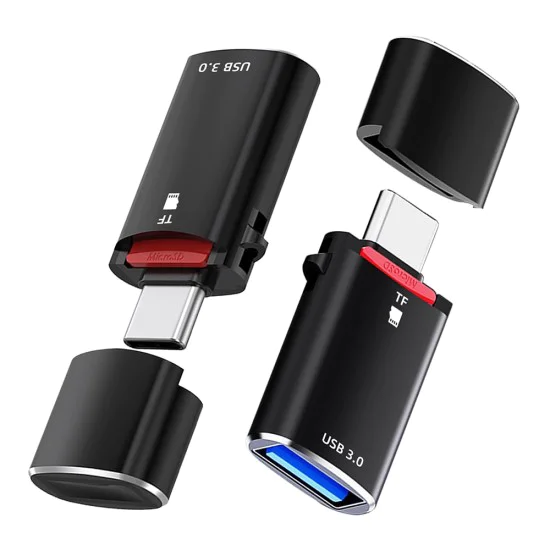 Techsuit - Четец за карти AluVoltX (CC1) - 2в1, USB3.0 към Type-C OTG, TF карта памет, 3A, Plug&Play, бърз трансфер на данни - черен