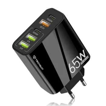 Techsuit - Премиум зарядно за стена PentaXPower (CHC2) - 3x USB QC 3.0, 2x Type-C PD 20W, 65W, GaN, бързо зареждане - черно