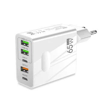 Techsuit - Премиум зарядно за стена PentaXPower (CHC1) - 3x USB, 2x Type-C PD 25W, 65W, GaN, бързо зареждане - бяло