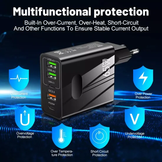 Techsuit - Премиум зарядно за стена PentaXPower (CHC1) - 3x USB, 2x Type-C PD 25W, 65W, GaN, бързо зареждане - черно