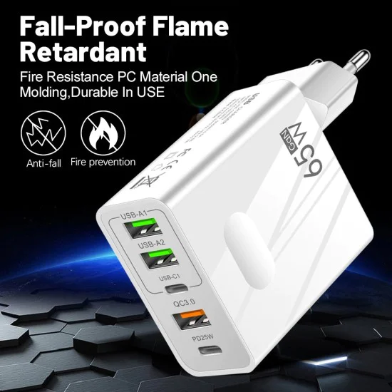 Techsuit - Премиум зарядно за стена PentaXPower (CHC1) - 3x USB, 2x Type-C PD 25W, 65W, GaN, бързо зареждане - черно