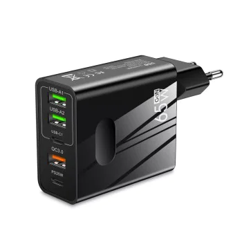 Techsuit - Премиум зарядно за стена PentaXPower (CHC1) - 3x USB, 2x Type-C PD 25W, 65W, GaN, бързо зареждане - черно