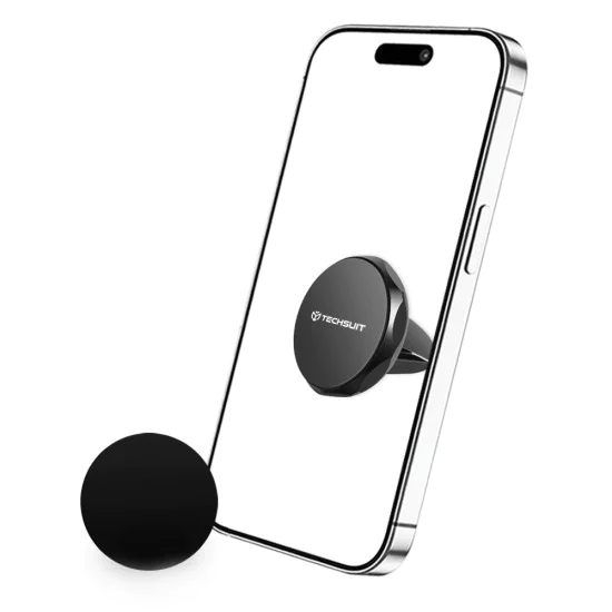 Techsuit - Стойка за кола TinyGrip (S9) - за вентилационен отвор, с метална пластина, силен магнит, универсална съвместимост - черен / сребрист