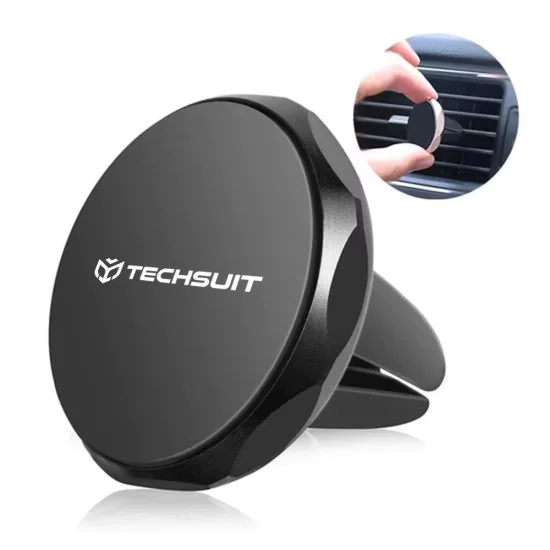 Techsuit - Стойка за кола TinyGrip (S9) - за вентилационен отвор, с метална пластина, силен магнит, универсална съвместимост - черен / сребрист