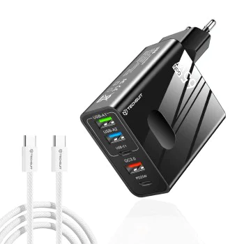 Techsuit - Премиум стенно зарядно PentaXPower (CHC1) - Включен кабел Type-C, 3x USB, 2x Type-C PD 25W, 65W, GaN, 1m - Черен