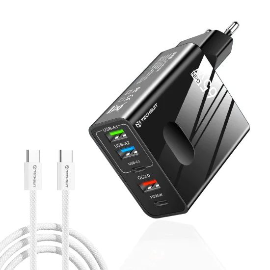 Techsuit - Премиум стенно зарядно PentaXPower (CHC1) - Включен кабел Type-C, 3x USB, 2x Type-C PD 25W, 65W, GaN, 1m - Черен