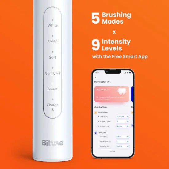 Bitvae - Електрическа четка за зъби (S2 Smart) - Ултразвукова, Мека, 8 глави, Калъф, Сензор за налягане с червена светлина, 5 режима, 1400mAh - Черна