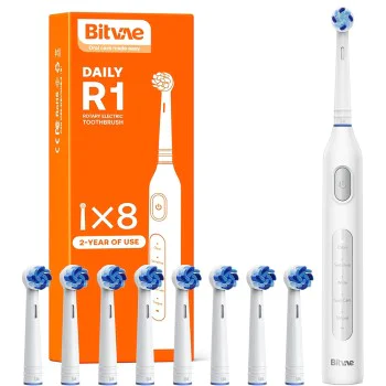 Bitvae - Електрическа четка за зъби (BVR1) - Мека, с 8 глави, интелигентен таймер, режими за почистване/чувствителни зъби/избелване/грижа за венците/език - Бяла