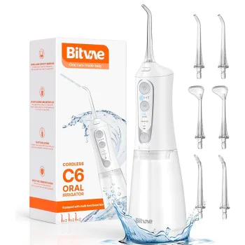 Bitvae - Воден флосър (BVC6) - По-голям размер 300 мл, с 6 дюзи, 3 режима, 5 интензитета, презареждащ се - Бял