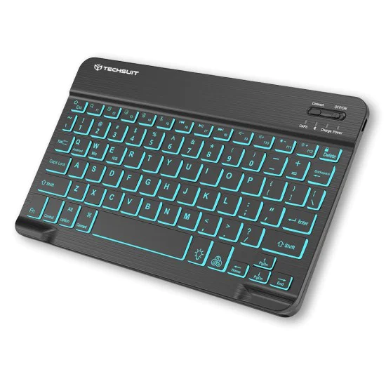 Techsuit - Безжична клавиатура (WK1) - за Android, Windows, iOS, Bluetooth, 3 нива на яркост, 7 цвята, Type-C - Черен