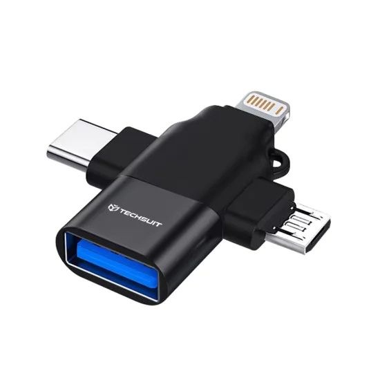 Techsuit - Премиум OTG адаптер SoundVoltX (A17) - 4в1, USB към Micro-USB + Type-C + Lightning, Plug and Play - Черен