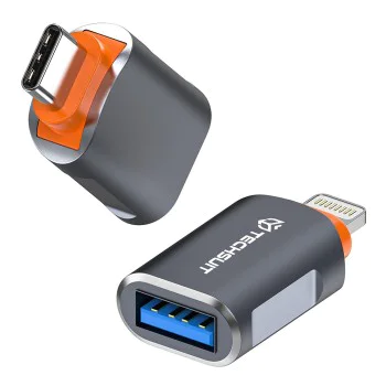 Techsuit - Премиум OTG адаптер SlateVolt (A9) - USB към Type-C, 5Gbps, 6A, 120W, Plug and Play, бърз трансфер на данни - сив/оранжев