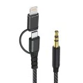 Techsuit - Премиум кабелен адаптер 3в1 EchoSnap (AC15) - Lightning/Type-C към 3.5 мм жак, Hi-Fi качество, 1 м - Черен