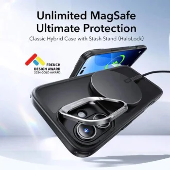 Калъф за iPhone 16 - ESR - Classic Hybrid HaloLock Kickstand - Frosted Черен