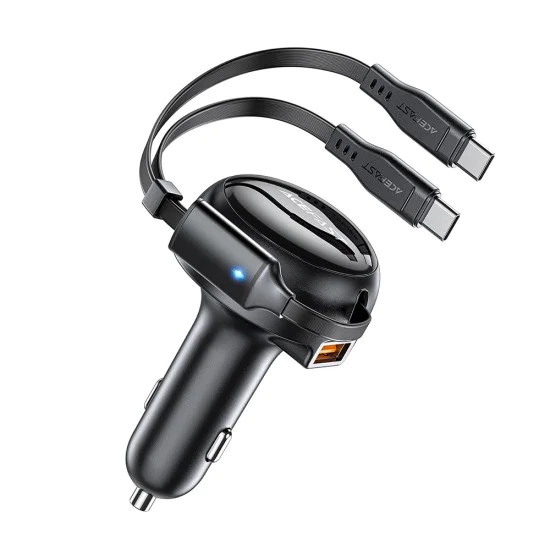Acefast - Зарядно за кола (B13) - с прибиращ се кабел, USB, 2x Type-C, 53W, 70 + 15 см - Черно