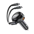 Acefast - Зарядно за кола (B13) - с прибиращ се кабел, USB, 2x Type-C, 53W, 70 + 15 см - Черно