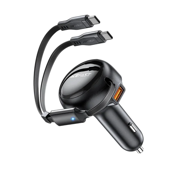 Acefast - Зарядно за кола (B13) - с прибиращ се кабел, USB, 2x Type-C, 53W, 70 + 15 см - Черно