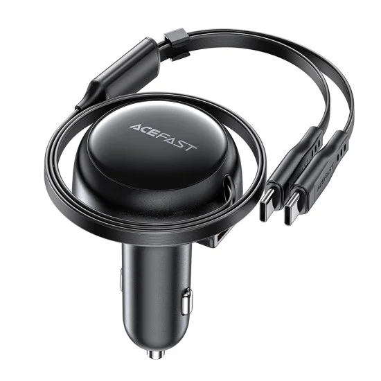 Acefast - Зарядно за кола (B13) - с прибиращ се кабел, USB, 2x Type-C, 53W, 70 + 15 см - Черно