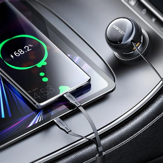 Acefast - Зарядно за кола (B13) - с прибиращ се кабел, USB, 2x Type-C, 53W, 70 + 15 см - Черно