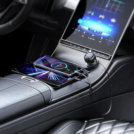 Acefast - Зарядно за кола (B13) - с прибиращ се кабел, USB, 2x Type-C, 53W, 70 + 15 см - Черно