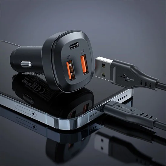 Acefast - Зарядно за кола (B9) - 2x USB, Type-C, Бързо зареждане, 66W, PD3.0, QC4+, Цинкова сплав - Черно