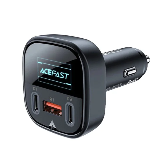 Acefast - Зарядно за кола (B5) - Бързо зареждане, OLED цифров дисплей, 2x Type-C, USB, 101W, цинкова сплав - черно
