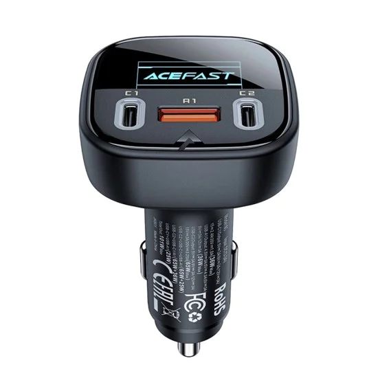 Acefast - Зарядно за кола (B5) - Бързо зареждане, OLED цифров дисплей, 2x Type-C, USB, 101W, цинкова сплав - черно