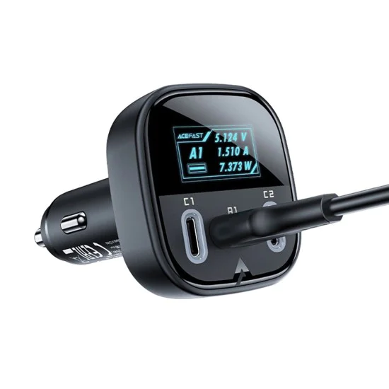 Acefast - Зарядно за кола (B5) - Бързо зареждане, OLED цифров дисплей, 2x Type-C, USB, 101W, цинкова сплав - черно