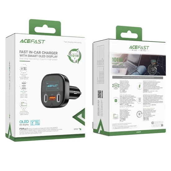 Acefast - Зарядно за кола (B5) - Бързо зареждане, OLED цифров дисплей, 2x Type-C, USB, 101W, цинкова сплав - черно