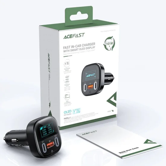 Acefast - Зарядно за кола (B5) - Бързо зареждане, OLED цифров дисплей, 2x Type-C, USB, 101W, цинкова сплав - черно