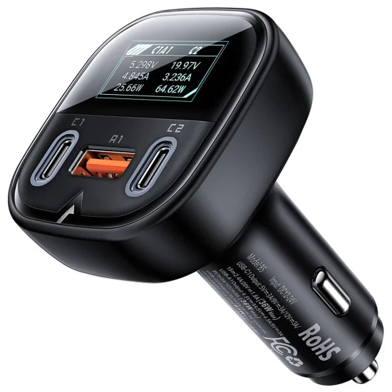 Acefast - Зарядно за кола (B5) - Бързо зареждане, OLED цифров дисплей, 2x Type-C, USB, 101W, цинкова сплав - черно