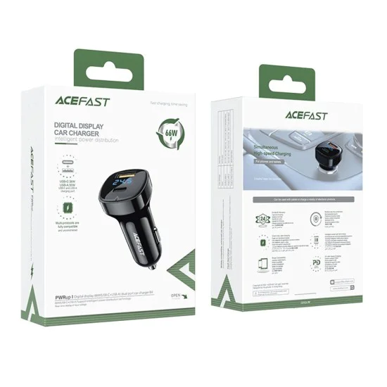 Acefast - Зарядно за кола (B4) - с дигитален дисплей, бързо зареждане, USB, Type-C, 66W - Черно