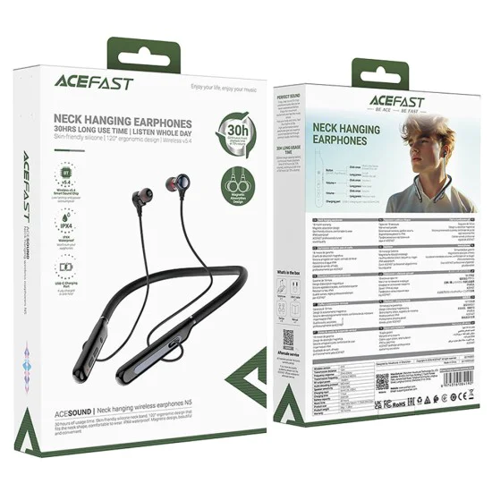 Acefast - Bluetooth слушалки (N5) - Задно за глава, лента за врата, Bluetooth 5.4, LED дисплей, IPX4, 200mAh - Черни