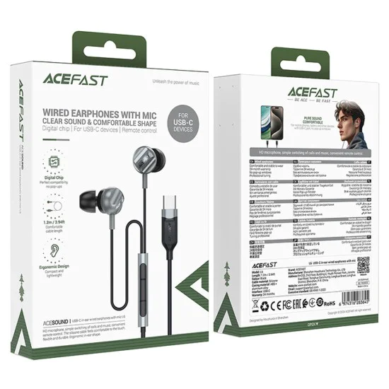 Acefast - Кабелни слушалки (L6) - Type-C, В ушите, с HD микрофон, Гъвкави, 1.2 м - Черни