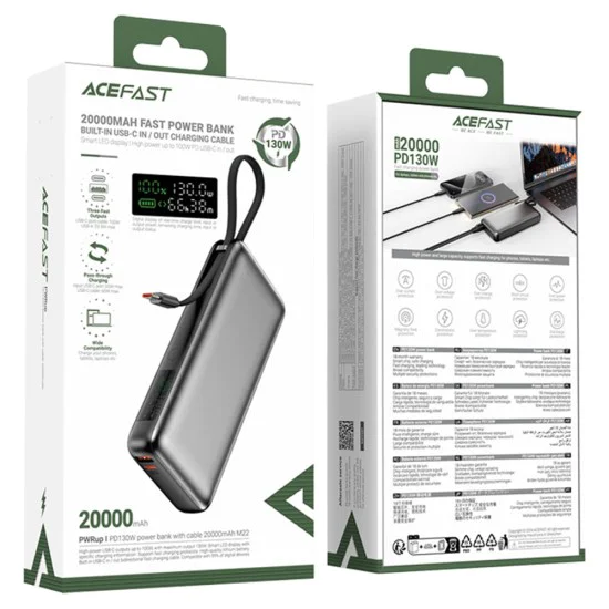 Външна батерия – Acefast (M22-20000) – с кабел, Type-C, 20000mAh, 74Wh, PD130W, двупосочно зареждане, LED дисплей – Черен